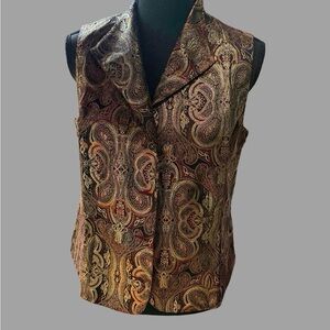 Coldwater Creek Jacquard Paisley Vest NWT Metallic Gold Burgundy Small